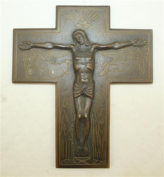 Marek Szwarc (1892-1958). A bronze crucifix with inscribed angels, 8in.
